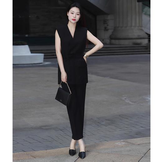 【à perles】 GIA* 酷飒 精纺羊毛V领系腰带垫肩马甲直筒小脚9分裤套装 商品图0