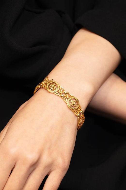 独角鹿西洋古董1900年代法国出品新艺术风格18K黄金镂雕叶蔓花卉造型手链 商品图0