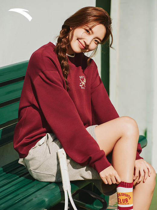 安踏落肩运动卫衣女冬季新款宽松圆领加绒休闲长袖上衣162548704N 安可拉红-3 商品图2