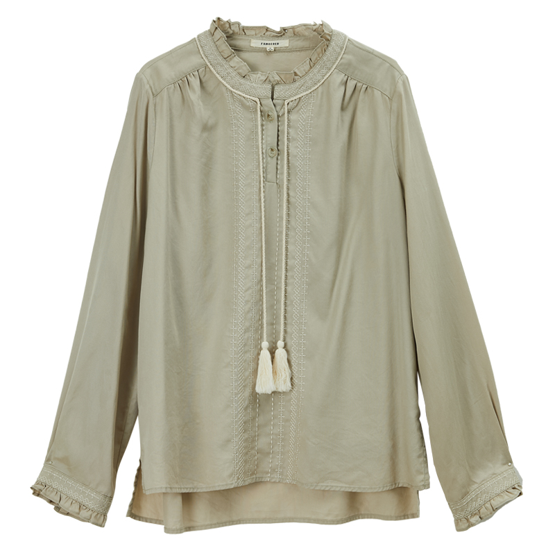 Famecoco范可儿小众文艺花边领长袖衬衫高级感天丝衬衣FAB6BD003