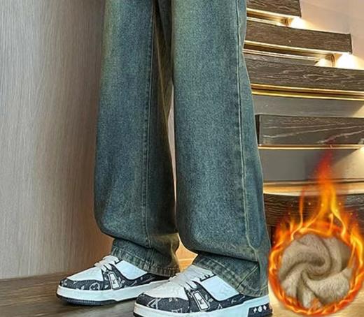 D110779加绒牛仔裤秋冬季垂感宽松复古直筒休闲潮牌裤子 商品图2