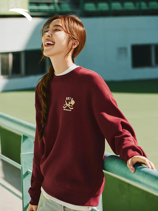 安踏落肩运动卫衣女冬季新款宽松圆领加绒休闲长袖上衣162548704N 安可拉红-3 商品图0