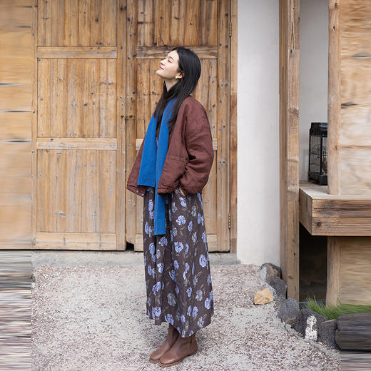 绽放743朵/飘·加厚亚麻数码印花圆领文艺长袖连衣裙叠穿百搭长裙 商品图3