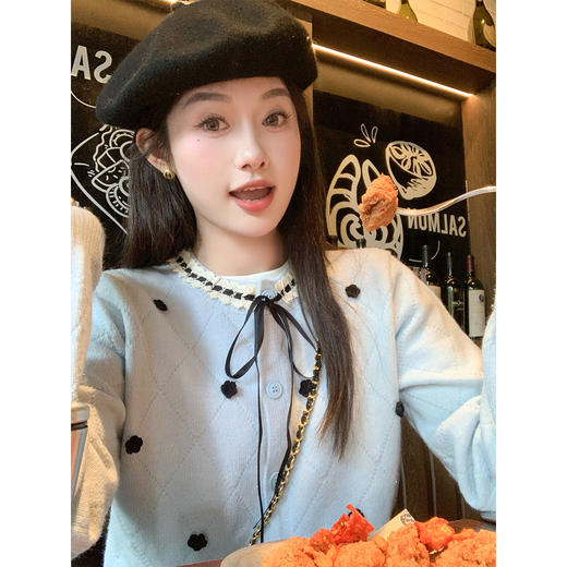 【179元任选2件】现货！韩系蝴蝶结蓝色长袖针织开衫 商品图3