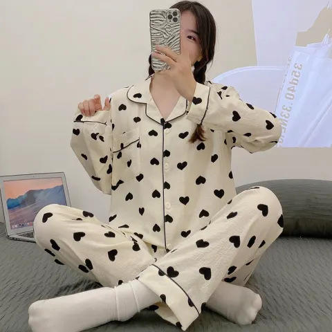 希燕茵春秋长袖泡泡布棉睡衣女皱布开衫爱心休闲直播韩国家居服套装XY0002★ 商品图0