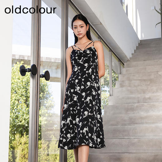 oldcolour夏季设计感气质法式大摆印花吊带连衣裙女P311006A1 商品图0