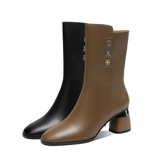 【预售5天】牛皮圆头中筒靴，舒适真皮加绒高跟半筒靴骑士靴DPJ&6028 商品图4