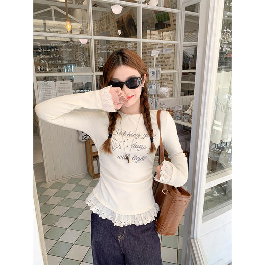 【129元任选2件】现货！韩系杏色印花长袖t恤 商品图0