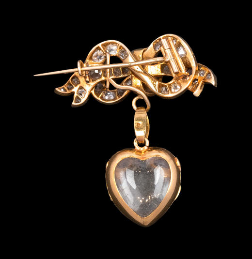 独角鹿西洋古董1890年代法国出品18K黄金镶嵌钻石及黑色珐琅蝴蝶结爱心造型胸针 商品图4