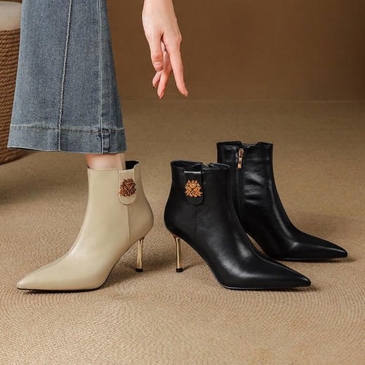 【预售5天】里外全皮！尖头高跟靴，气质简约细跟短靴裸靴瘦瘦靴JGGXY&J7007-1 商品图0