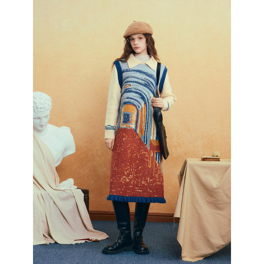 两三事梵高文艺时光回廊2025冬季新款荷叶边裙摆花色假两件连衣裙 商品图1