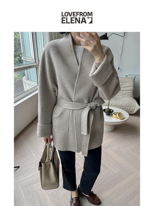 羊绒羊毛混纺 中长款 系带大衣 商品图2