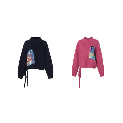 两三事 形意漫游 2025冬季新款抽象印花贴布绣抽绳下摆毛衣女宽松 商品图4