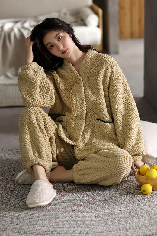 法黛琪冬季珊瑚绒女款开衫套装休闲睡衣  552213 商品图5