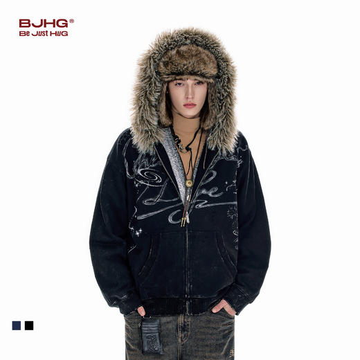 BJHG不计后果美式毛领连帽卫衣男秋冬季新款重磅座山雕夹克外套女 商品图0
