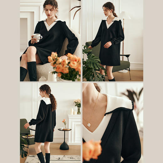 OLrain欧芮儿法式黑色连衣裙女春装2025年新款海军领撞色显瘦裙子 商品图1