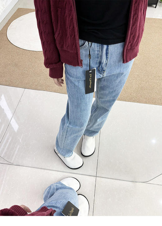 会员福利【高端品质100%棉】拉夏贝尔/La Chapelle高腰直筒牛仔裤女蓝色休闲宽松百搭显瘦长裤 商品图5