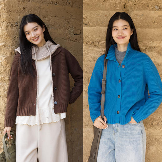 特绽放745朵/蜡笔·宽松全绵羊毛开衫立体坑条半高领开襟毛针织衫 商品图1