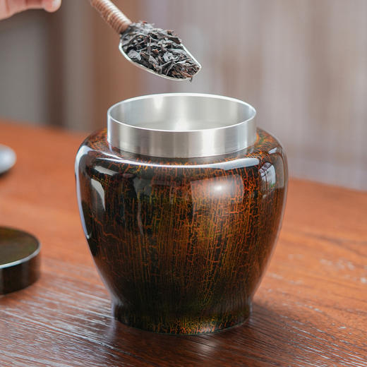 斑锡龙锡罐秋实茶仓大漆戗金纯锡大号密封茶叶罐储茶罐手工锡器 商品图4