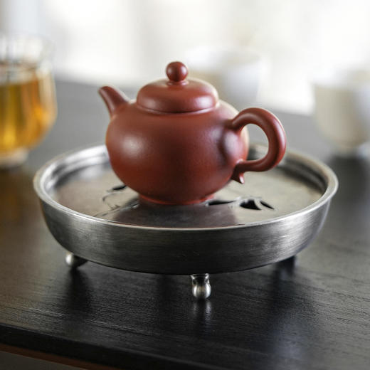 斑锡龙纯锡木笔壶承复古干泡台储水茶船壶垫一修手工锡器潮汕茶盘 商品图0
