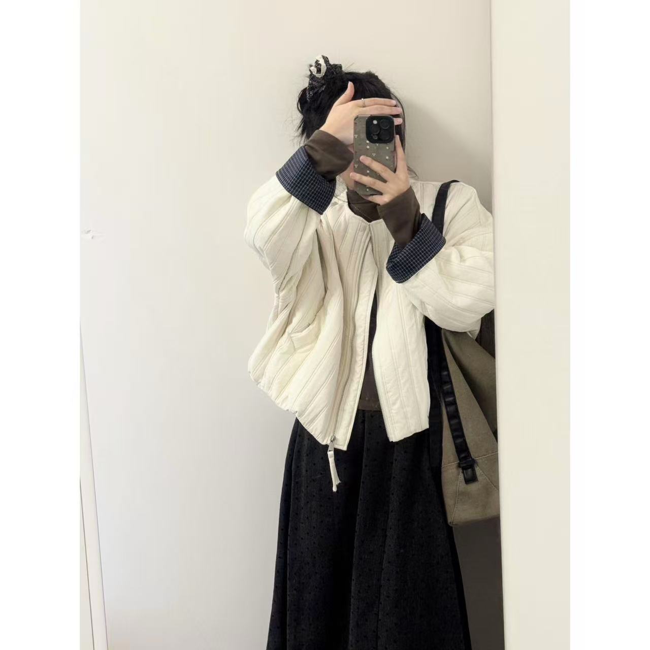 【圆领拉链短款棉衣】宽松版型显瘦 袖子翻领格子设计 不臃肿