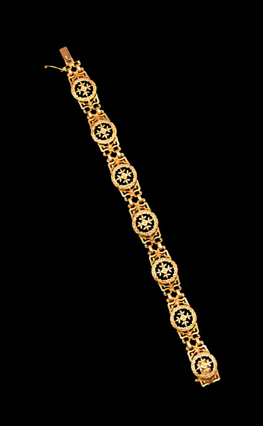 独角鹿西洋古董1900年代法国出品新艺术风格18K黄金镂雕叶蔓花卉造型手链 商品图3