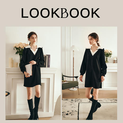 OLrain欧芮儿法式黑色连衣裙女春装2025年新款海军领撞色显瘦裙子 商品图3