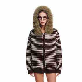 FDR官方店 条纹毛衣可拆卸毛领针织开衫秋季加厚情侣毛衣外套男女