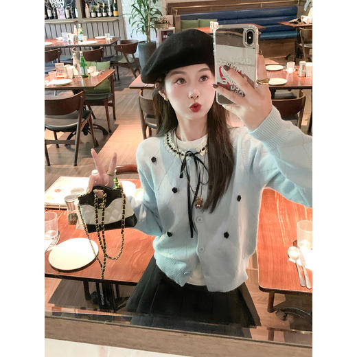 【179元任选2件】现货！韩系蝴蝶结蓝色长袖针织开衫 商品图0