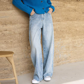 绽放750朵/开朗·纯棉直筒洗水蓝牛仔长裤文艺百搭宽松显瘦直筒裤