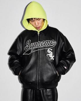 Supreme x Chicago White Sox 联名款 皮革徽标贴花拉链校队皮衣夹克外套