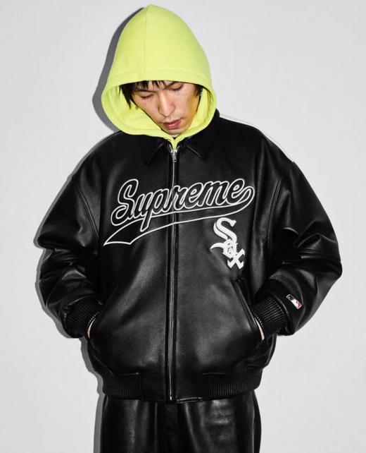 Supreme x Chicago White Sox 联名款 皮革徽标贴花拉链校队皮衣夹克外套 商品图0