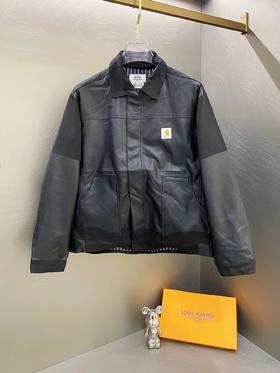 D110759联名款拼接皮革logo翻领皮衣夹克外套