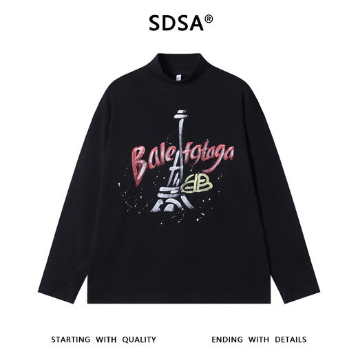 T4989SDSA男士秋冬新款痞帅男装简约美式手绘字母印花半高领长袖T恤潮 商品图1