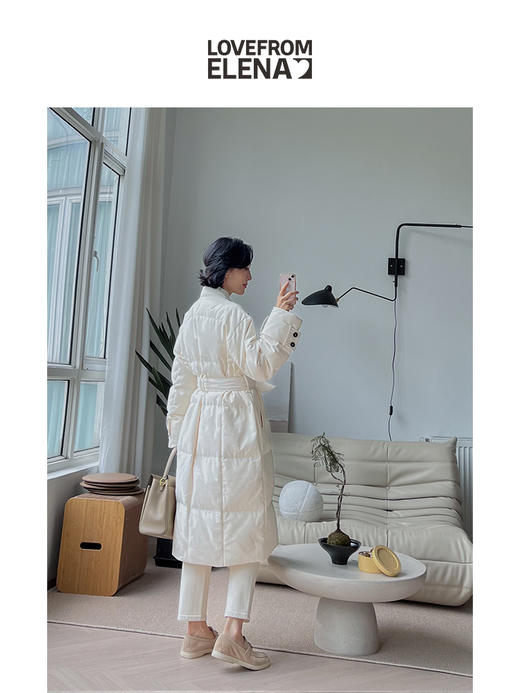科技保暖面料 90白鹅绒  大衣款系带长款羽绒服 商品图4
