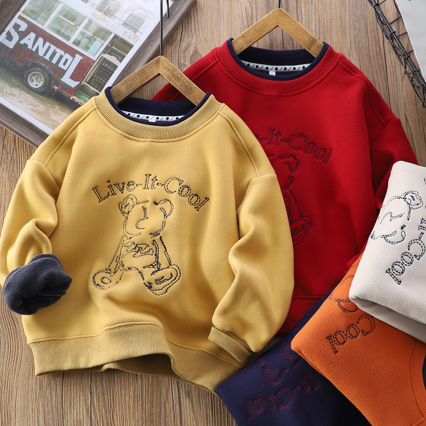 110-170加厚！加绒卫衣刺绣假两件秋冬保暖卫衣 小立领