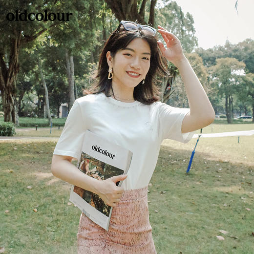 oldcolour欧珂纯棉纯色简约百搭气质短袖T恤女夏季M24021164 商品图2