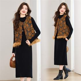 冬季新中式加棉圆领雪尼尔提花拼接毛毛马甲款两件套连衣裙YBER621