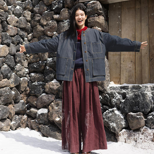 绽放535朵/生机·棉混纺宽松日系落肩圆领百搭中长款外套女冬新款 商品图3