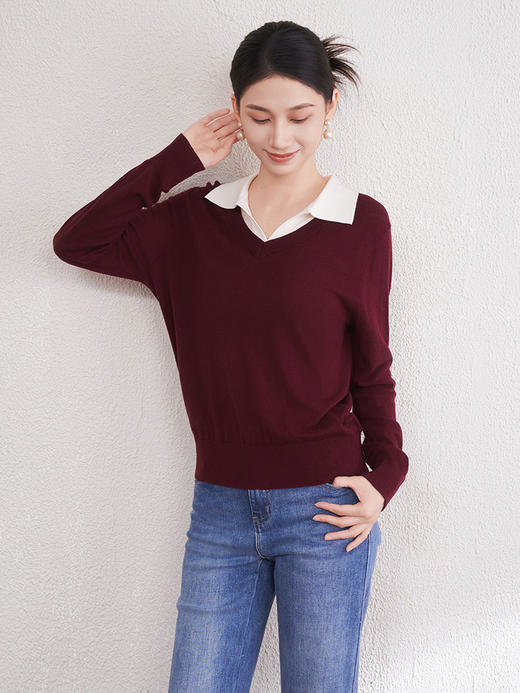 「自」全新升级【铂金会员293/天猫389/差价96】(70321)洛诗琳新款美利奴羊毛上衣2025秋冬假两件翻领长袖针织衫 商品图1