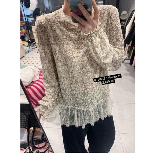 25AW上新 蕾蕾同款【奶酥白茶！】法式下摆不规则蕾丝提花圆领内搭上衣时尚 商品图0