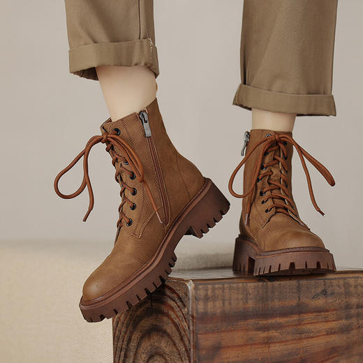 Ech&yolo侧拉链系带拼接牛皮厚底马丁短靴HBP-1842 商品图0