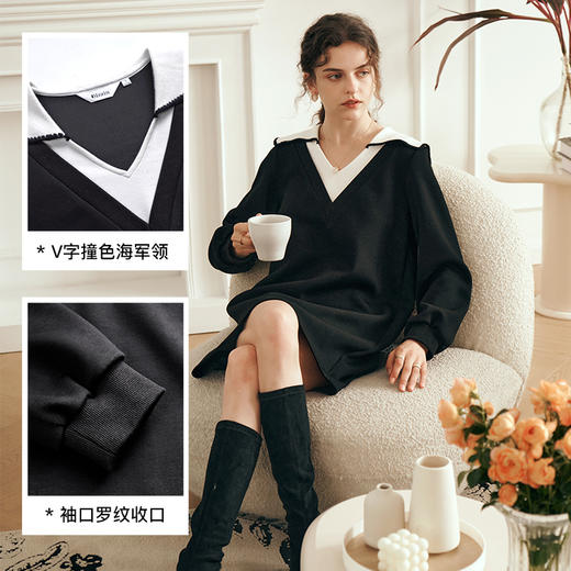OLrain欧芮儿法式黑色连衣裙女春装2025年新款海军领撞色显瘦裙子 商品图2
