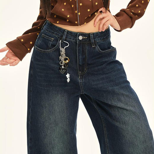 西遇美式复古牛仔裤女冬季新款高腰直筒宽松水洗加绒阔腿裤SS051794 商品图2