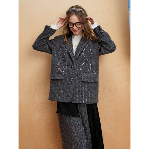 两三事星野光迹2025冬新款复古星星刺绣彩色条纹粗花呢西装外套女 商品图1