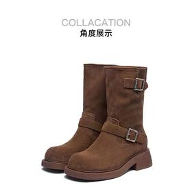 D110761复古堆堆靴女2025新款秋冬中筒西部牛仔靴复古皮带扣马丁靴