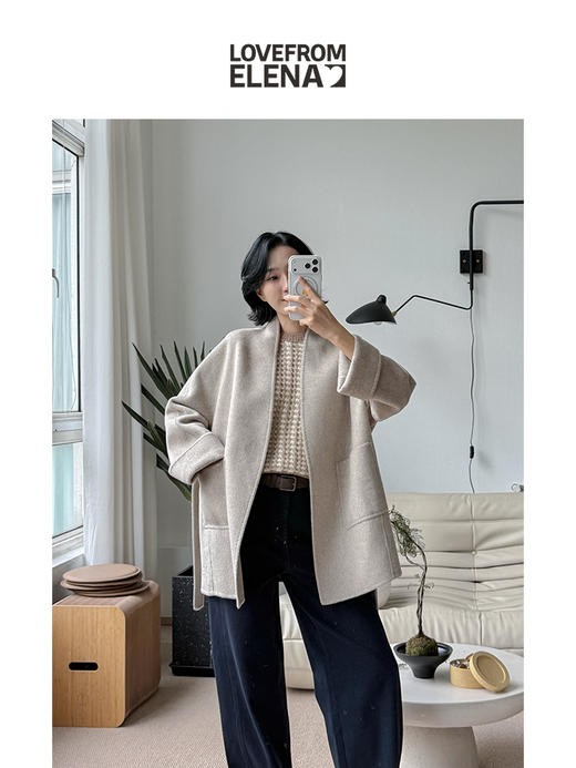 羊绒羊毛混纺 中长款 系带大衣 商品图4