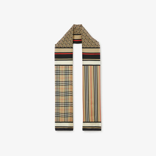 【一】BURBERRY 巴宝莉 女士 Monogram 标志性条纹和格纹印花真丝围巾 混色 8011951 A7026 商品图0