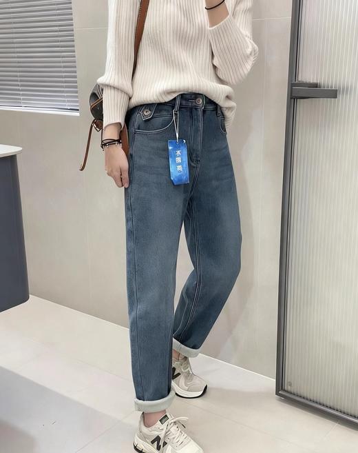 D110798厚绒小个子水貂绒保暖宽松垮裤高腰弹力哈伦牛仔裤女 商品图0