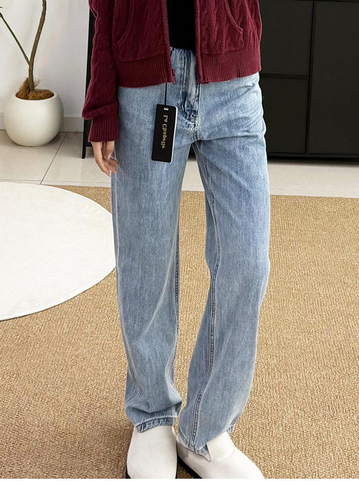 会员福利【高端品质100%棉】拉夏贝尔/La Chapelle高腰直筒牛仔裤女蓝色休闲宽松百搭显瘦长裤 商品图6